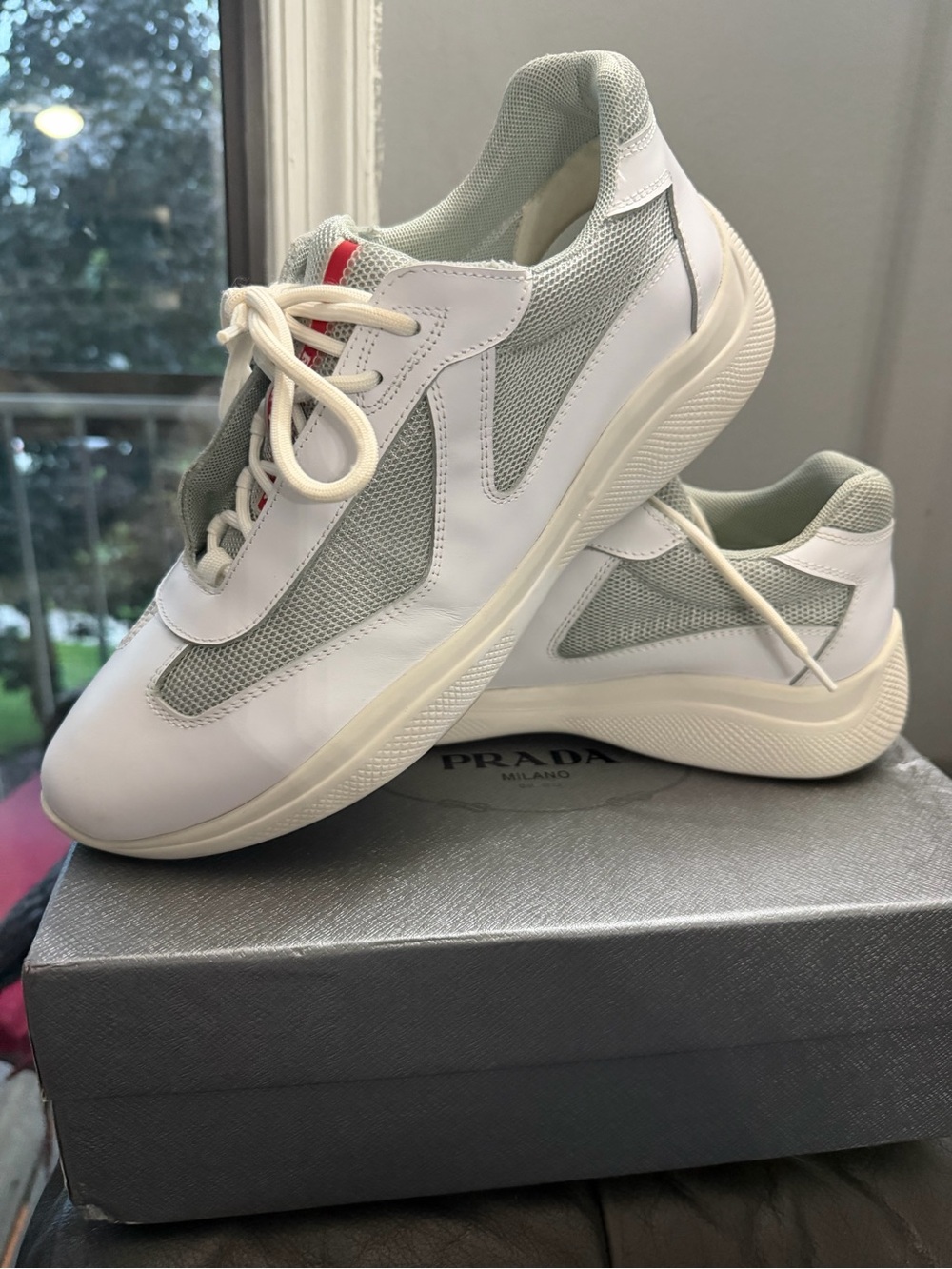 Prada White and Light Gray Low-Top Mesh & Leather Sneakers